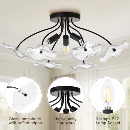 Luvkczc Semi Flush Mount Ceiling Light, Modern Glass Ceiling Light Fixture, Vintage Black Lighting for Kitchen Entryway Hallway Bathroom Bedroom Foyer, 3 Light E12 Socket - Thumbnail 3