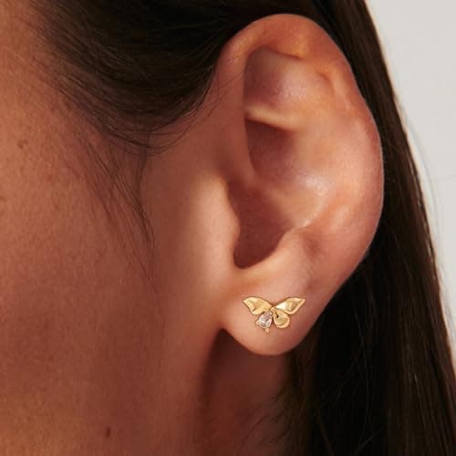 BENEIGE Gold Stud Earrings for Women 14K Gold Plated Dainty Butterfly Stud Earrings Ear Piercing Hypoallergenic Handmade Jewelry for Women - Thumbnail 3