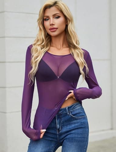 Avidlove Sheer Shirt Mesh Long Sleeve Top Going Out Tops for Women Mesh Undershirt Fashion Clothing Purple S - Thumbnail 2