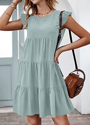 KIRUNDO Women's Dresses 2026 Spring Summer Casual Sleeveless Ruffle Round Neck Solid Loose Short Flowy Tiered Mini Babydoll Dress (Grey Green, Large) - Thumbnail 2