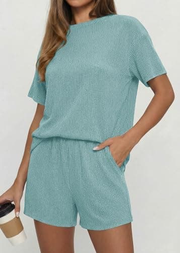 KIRUNDO Two Piece Sets for Women Dressy Casual Ribbed Knit Short Sleeve Top Matching Shorts Lounge Set 2026 Summer Outfits(Light Green, Small) - Thumbnail 2
