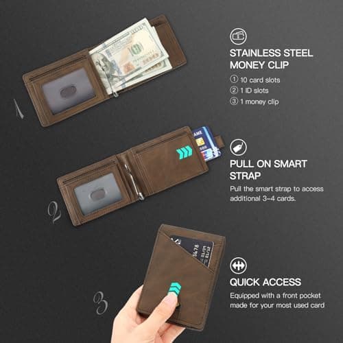 SENDEFN Slim Wallet for Men with Money Clip RFID Blocking Bifold Genuine Leather Minimalist Card Holder with ID Window （coffee） - Thumbnail 4