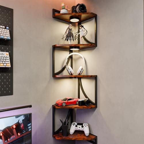 HAAYOT Corner Shelf Wall Mounted with Lights, 5-Tier Floating Metal Shelves for Living Room, Bedroom, Rustic Brown - Thumbnail 6