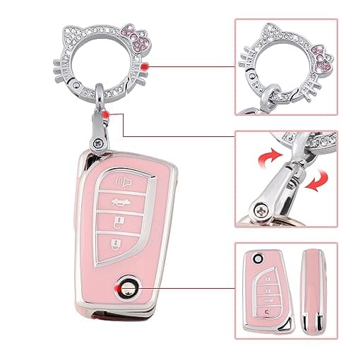 Pangpai Pink Key Fob Cover for Toyota, Soft TPU Key Case Protection with Bling Keychain Fit for Toyota Fortuner Tundra Camry RAV4 Highlander Corolla Smart Key Holder - Thumbnail 4