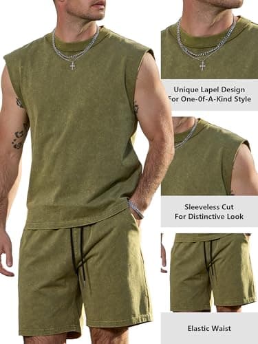 JEMLDL Men's 2 Piece Acid Wash Tank Tops and Shorts Lounge Lightweight Cotton Sweatsuit Fashion Clothing Set Olive XXL - Thumbnail 3