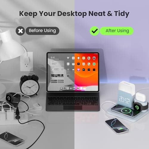 Alarm Clock Charging Station for Bedrooms, 7 in 1 Wireless Charging Station, Magnetic Charger with Night Light Bedside Clock for iPhone 17 16 15 14 13 12 Pro Max, Apple Watch, AirPods (Blue) - Thumbnail 5