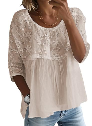 EVALESS Womens Spring Summer Tops Casual Crewneck Half Sleeve Shirts Blouses Cute Floral Embroidered Boho Babydoll Tops Loose Fit T Shirts Flowy Chiffon Blouse Beige Medium - Image 1
