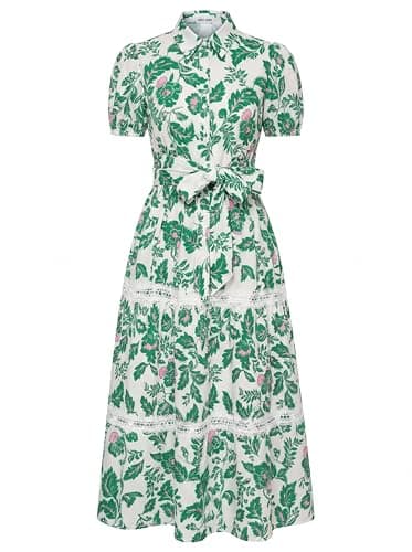GRACE KARIN Women's 2026 Summer Floral Flowy Dresses Boho Tie Belt Short Puff Sleeve A Line Maxi Shirt Dress with Pocket Green Floral X-Large - Image 1
