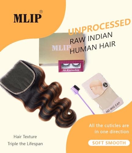 Mlip 5x5 HD Lace Closure Body Wave, 0.10mm Ultra Thin Invisible Swiss Lace, Skinlike Real HD Lace Melt into Skin Perfectly, Pre-plucked Natural Hairline, Raw Indian Human Hair 14 Inch Highlight Color - Thumbnail 6