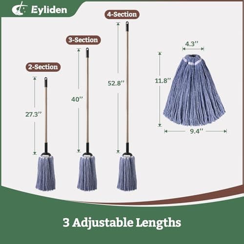 Eyliden String Mop, Wet & Dry Cotton Mop | Non-Touch Replacement, 2 Reusable Heads, 4 Scouring Pads, Adjustable Handle, Home Commercial Floor Cleaning Tools for Any Surfaces (Blue) - Thumbnail 6