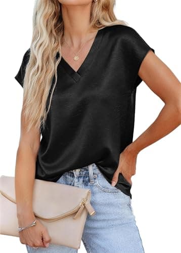 RUMIA Short Sleeve Satin Blouses Tops for Women- Ladies V Neck Blouse Shirt Dressy Casual Bussiness Work Outfit Black - Image 1