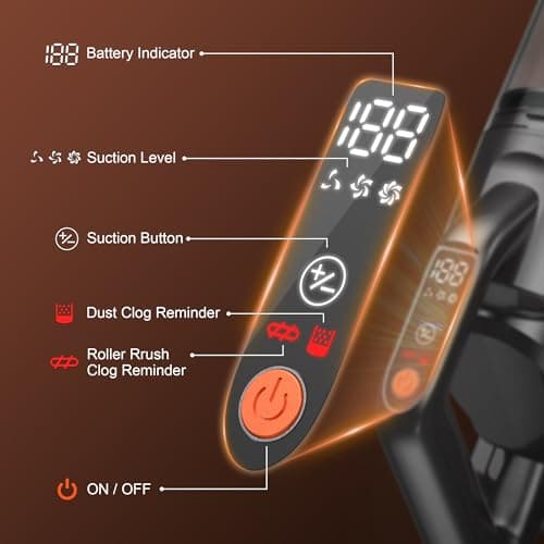 Cordless Vacuum Cleaner, 600W 50KPA 55Mins Vacuum Cleaners for Home, Stick Vacuum with LED Display, Anti-Tangle, Wall Mount, Lightweight, Rechargeable Wireless Vacumm for Pet Hair, Carpet and Floor - Thumbnail 4