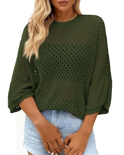 KIRUNDO Crochet Tops for Women Spring Summer Short Sleeve Hollow Out Loose Beach Sweater Lightweight Knit Cover Up Shirts Army Green - Image 1