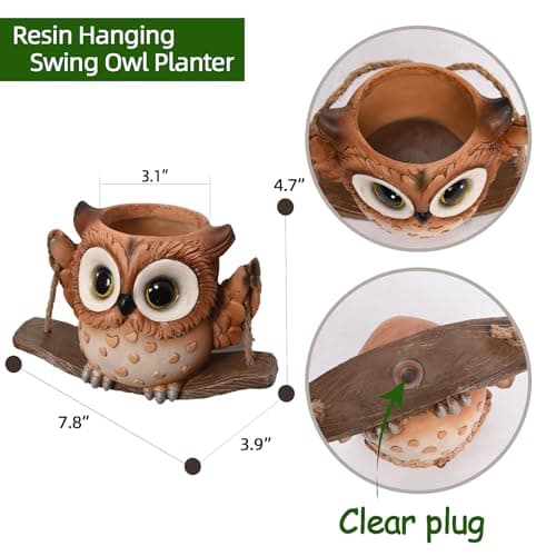 Swing Owl Hanging Planters for Indoor Plants, Cute Small Succulent Pots with Drainage Hole, Unique Resin Plant Hangers Outdoor, Hanging Plant Holder for String Of Pearls, Gift Ideas for Mother - Thumbnail 5