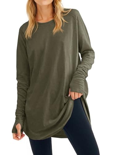 Fisoew Women's Casual Long Sleeve Tops Crew Neck Round Hem Loose T-Shirts Tunic Tops with Thumb Holes Army Green - Image 1