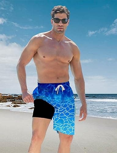 westwolf Board Shorts for Mens Blue Men's Swim Trunks with Compression Liner 9" Beach Quick Dry Blue Swim Trunks Men with Pockets Holiday Board Shorts Men Swimming Wear M - Thumbnail 2