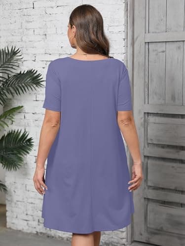 AusLook Plus Size Midi Dress for Women Casual Summer Short Sleeve A Line Swing Purple Grey 4X Dress with Pockets Round Neck Flowy Knee Length T Shirt Vacation Beach Sundress - Thumbnail 2