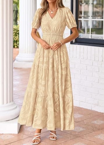 KIRUNDO Summer Dresses for Women 2026 Boho Flowy Casual Short Sleeve V Neck Elastic Waist Floral Long Baby Shower Maxi Dress(Apricot, Small) - Thumbnail 6