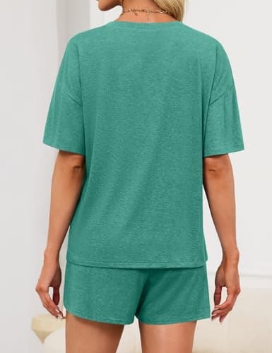 JUSTFASHIONNOW Womens Short Pajamas Set 2 Piece Lounge Set Women Stripe Short Sleeve Split Shorts Sets Casual Summer Shorts Sets Comfy Loungewear Outfits Green XXL - Thumbnail 5