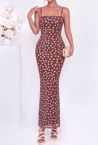 BTFBM Womens Summer Maxi Dress 2026 Floral Mesh Spaghetti Straps Sleeveless Sexy Bodycon Wedding Cocktail Party Dresses(Dot Coffee Blue, X-Large) - Thumbnail 6