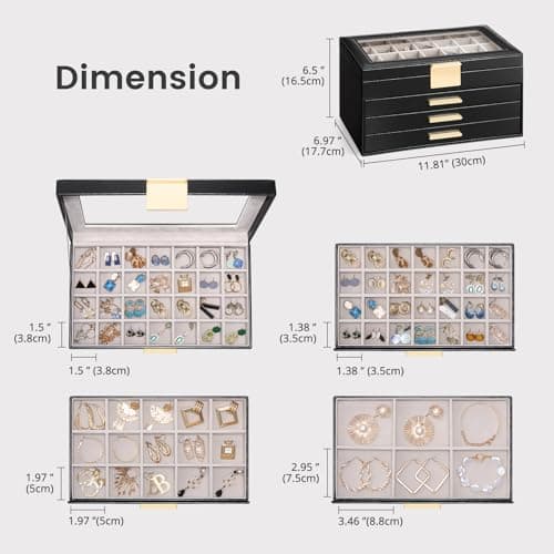 Lolalet Earring Storage Box Case with Glass Top, Large Earring Jewelry Holder Organizer Display with Drawer and Grid, Mothers Day Gifts -4 Tiers, Black - Thumbnail 6