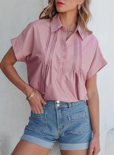 Dokotoo Plus Size Tops for Women Dressy Casual Chiffon Blouse Short Sleeve Shirts for Women Collared V Neck Work Office Button Down Shirt Solid Color Loose Fit T-Shirts Pink Polo Shirts XX-Large - Thumbnail 3