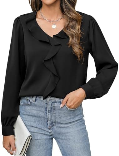 Neweek Black Tops for Women Dressy Casual Shirts Long Sleeve V Neck Work Blouse Business Casual Ruffle Top - Image 1