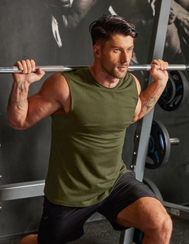 COOFANDY Men's Cotton Tank Top Muscle Cut Off T Shirts Plain Sleeveless Workout Shirt Army Green L - Thumbnail 4