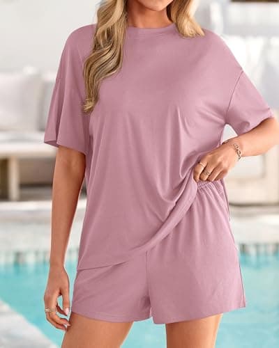 BTFBM 2 Piece Lounge Sets For Women 2026 Summer Airport Travel Vacation Outfits Loose Matching Clothing Spring Short Set(Pink, X-Large) - Thumbnail 5
