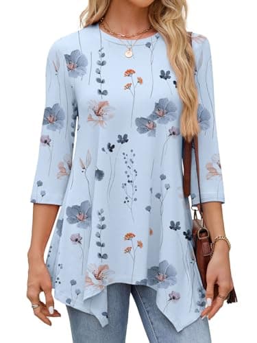 JUSTFASHIONNOW 3/4 Length Sleeve Tunic Tops for Women Loose Fit Dressy Casual Plus Size Blouses Shirts Asymmetrical Hem Floral Top（Sky Blue，X-Large - Thumbnail 4