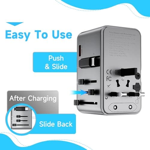 Minthouz Universal Travel Adapter, International 100W Power Adapter GaN Fast Charger with 2 USB-C PD, 1 USB-C Cable &A Ports, All-in-One Portable AC Power Plug Adapter for USA EU UK AUS - Thumbnail 4