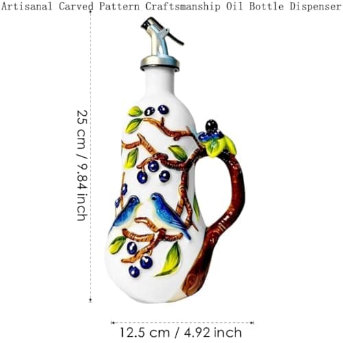 Hand-Painted Ceramic Relief Olive Oil Bottle Dispenser, with Handle Decorative Olive Oil Dispenser Bottle, Kitchen Ceramic Oil Vinegar Bottle Seasoning Bottle with Stainless Steel Spout & Funnel - Thumbnail 3