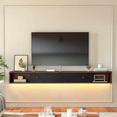 Furninova Floating TV Stand,Wall Mounted Entertainment Center for 65 Inch TV,Plywood Floating Media Console with 1 Flip Down Door & Cable Management,Modern Space Saving TV Shelf,55 Inch,Walnut & Black - Thumbnail 2