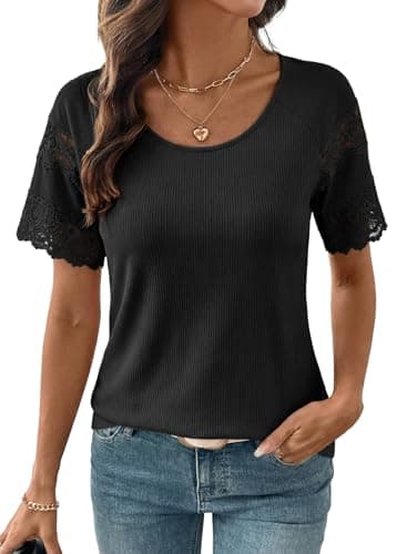 EVALESS Women Blouses Dressy Casual Summer 2026 Short Sleeve T Shirts Ribbed Texture Lace Embroidery Pacthwork Crewneck Tops Trendy Clothes Spring Outfits, Black X-Large - Image 1