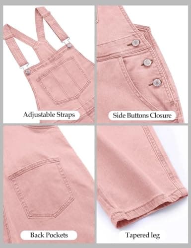 Vetinee Women's Pink Adjustable Straps Pockets Boyfriend Denim Bib Overalls Jeans Pants Large Size 12 Size 14 - Thumbnail 5