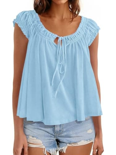 Beloyoni Womens Summer Babydoll Flowy Tank Tops Tie Front Ruffle Cap Sleeve Blouses Cute Going Out Dressy Shirts Light Blue XS - Image 1