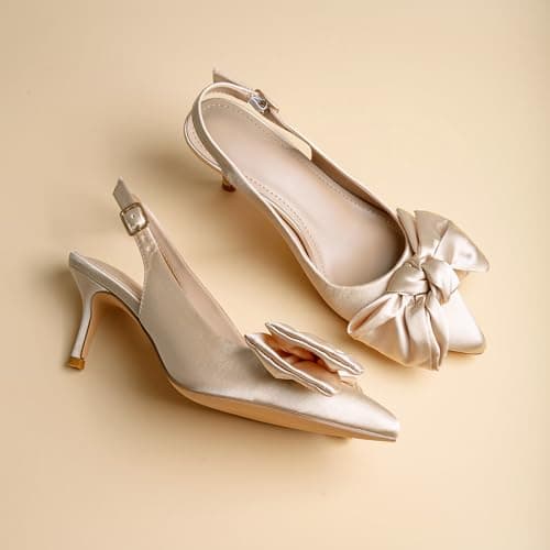 RUSAUISE Nude Heels Slingback Heels with Bow Satin Dressy Pointed Toe Pumps 2 Inch Kitten Heel Work Shoes for Office Business Ballroom Evening Size 7.5 - Thumbnail 5