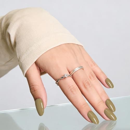 Khaki Press On Nails,Medium Soft Gel Oval Fake Nail Kit With Nail Glue,30-Piece-15 Sizes Durable Reusable Press On Nails for Women Gift(light khaki) - Thumbnail 3