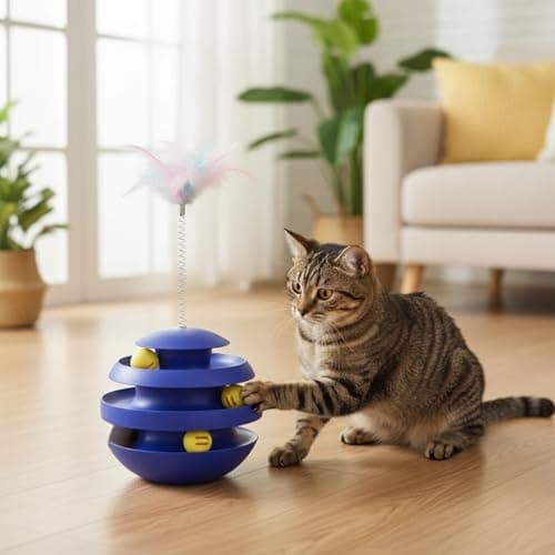 BeSpace Cat Toys for Indoor Cats, Interactive Cat Toy Feather for Indoor Adult Cats Self-Play Durable 3-Layer Cat Ball Track with 360 Degree Rotating Ball to Reduce Boredom & Anxiety (Blue) - Thumbnail 2
