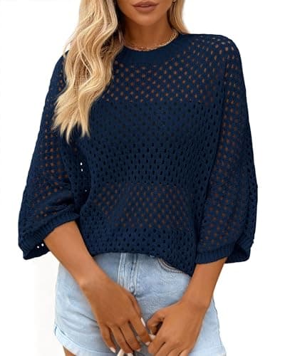 KIRUNDO Crochet Tops for Women Summer Hollow Out Batwing Sleeve Cover Up Cute Pullover Sweater Shirts Beach Vacations Clothes(Navy, XX-Large)