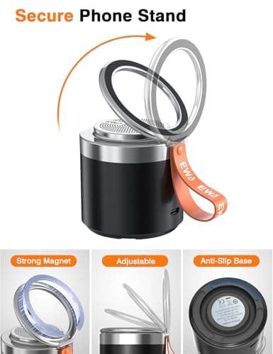 EWA Wireless Bluetooth Speaker with Secure Magnetic Phone Stand, HD Surround Sound & Anti-Slip Base | Hands-Free Magnetic Holder for Desk, Kitchen, Home Workout - Gift Ideal for Men Women (Black) - Thumbnail 4