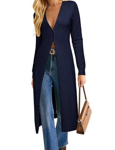 GRACE KARIN Womens Long Cardigan Trendy, Lightweight Knit Dusters Coat, V Neck Button Up Sweater Maxi Dress Navy Blue M - Image 1