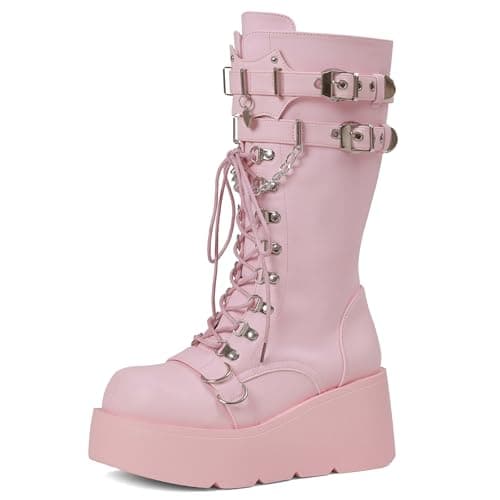 Yremael Women's Pink Platform Boots Wedge Combat Gothic Chunky Heel Lace Up Mid Calf Punk Motorcycle Shoes - Image 1