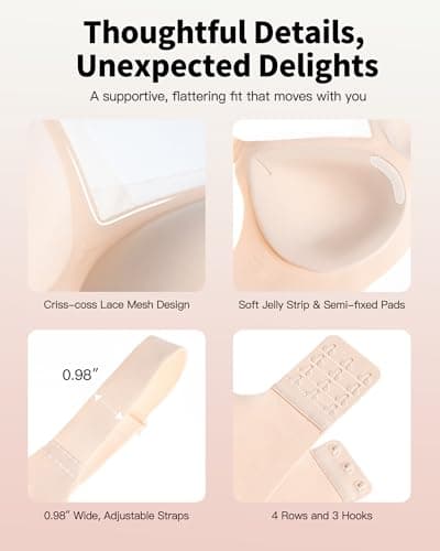 COMFBAY Women's Jelly Wireless Bras, V-Mesh Gel Seamless Comfortable Push-Up Bra, No Underwire Supportive T-Shirt Bralette, Back Smoothing Everyday Padded Bra, Full Coverage Bra, Nude, L - Thumbnail 5
