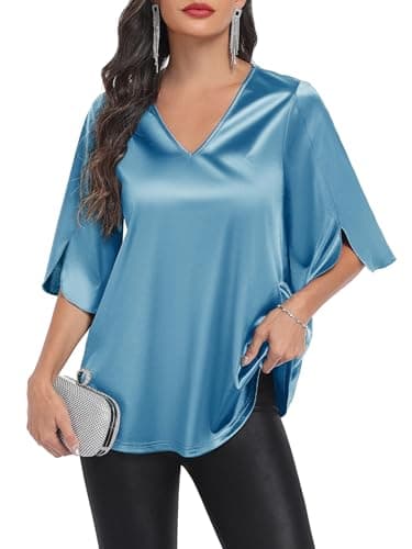 Qnursma Women’s Stretch Satin Blouses for Women Dressy Casual Elegant V Neck Tops for Women 3/4 Sleeve Flowy A-Line Silky Shirt for Wedding Guest Evening Party Outfits Church Work Clothes Turquoise - Image 1