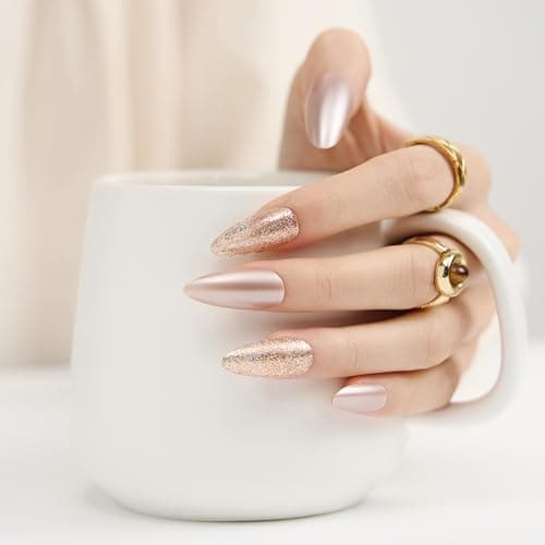 Fake Nails Press Ons Almond - Metallic Rose Gold Chrome Fake Nails, Handmade Reusable for Party Look, 30 Nails in 15 Sizes with Glue, Adhesive Tabs, File, Prep Pad, Manicure Stick - Image 1