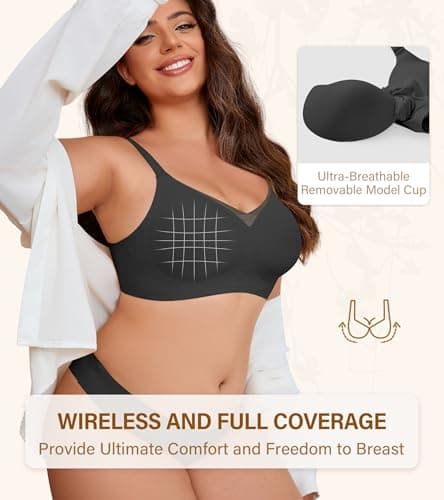 DEANGELMON Wireless Bras for Women Mesh V Comfortable Bralette Supportive Full Coverage Tshirt Everyday Bra Black 5X-Large - Thumbnail 3