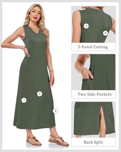 MISFAY Women's Summer Maxi Dress with Pockets Sleeveless V Neck Loose Long Sundress Split Casual Vacation Outfits(Army Green,L) - Thumbnail 5