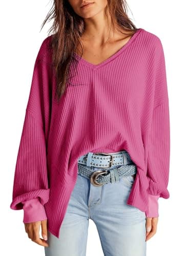 Dokotoo Plus Size Waffle Knit Tops Dressy Casual Long Lantern Sleeve Tops for Women Fall Fashion 2026 Sexy V-Neck Shirtstrendy Women's Pleated Work Loose Basic T Shirts X-Large Hot Pink - Image 1