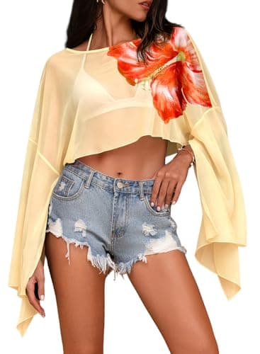 Dokotoo Women's 70S Floral Print Mesh Cover Up Long Bell Sleeve Crew Neck Crop Boho Blousee Summer Beach Vacation Outfits Resort Wear Yellow X-Large - Image 1